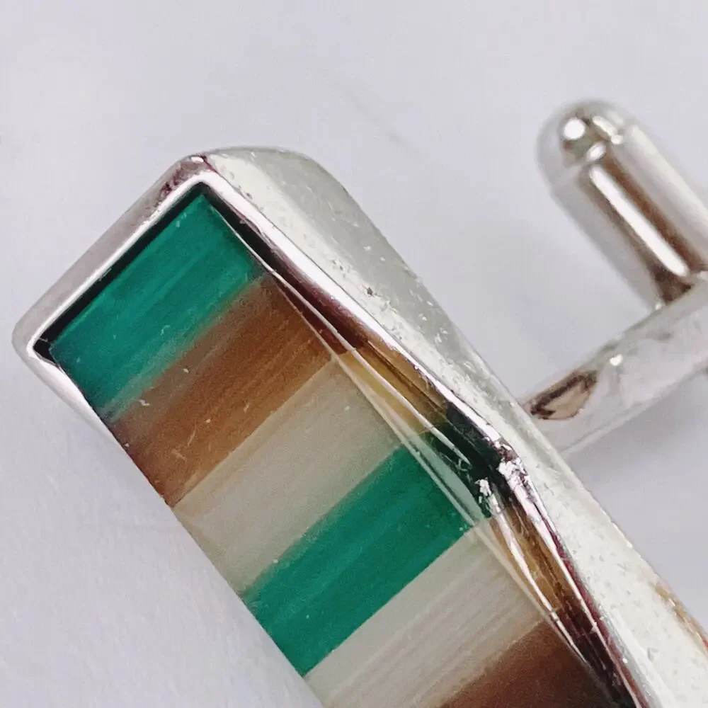 Vintage 1970s Striped Glass Inlay Modernist Geometric Cufflinks Mens Mod Jewelry